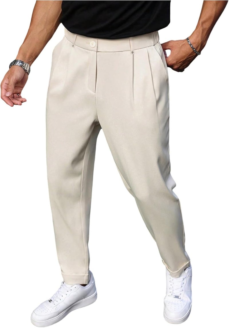 OYOANGLE Men's Dress Pants Zipper Fly Pleated Business Casual Skinny Tapered Trousers - Image 1
